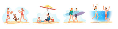 Tourists on vacation having fun, relaxing on beachのイラスト素材