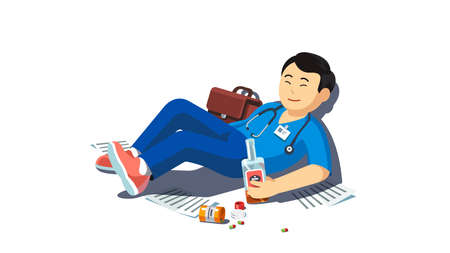 Drunk Asian medical worker lying on floorのイラスト素材