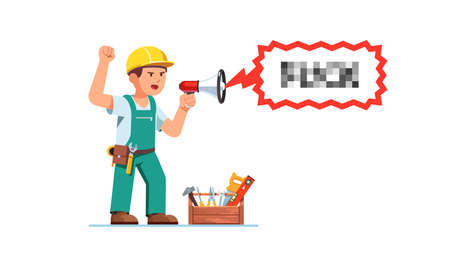 Worker builder man protester yelling with bullhornのイラスト素材