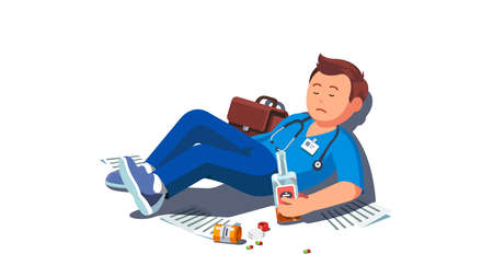 Drunk doctor lying on floor holding bottleのイラスト素材