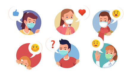 Cartoon character faces wearing masks collectionのイラスト素材