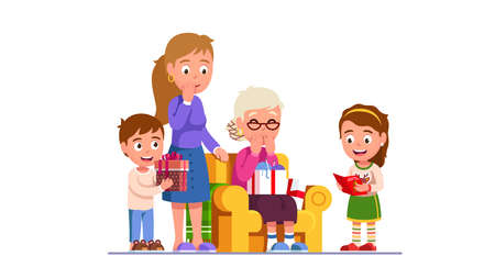 Kids giving holiday presents to happy grandmotherのイラスト素材
