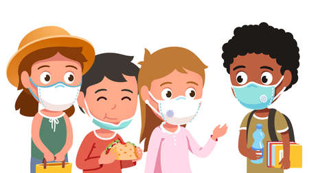 School students kids in masks eating, chattingのイラスト素材