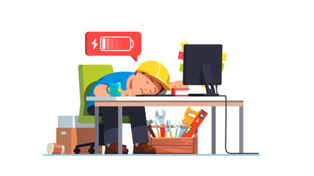 Sad contractor worker fell asleep at workplaceのイラスト素材