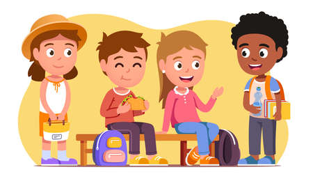 School students sitting on bench, eating, chattingのイラスト素材