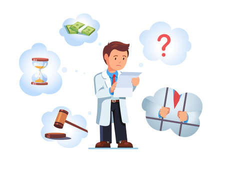 Sad medical worker doctor man with bill in handsのイラスト素材