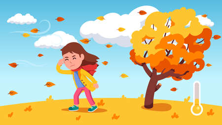 Girl walking against wind on windy autumn dayのイラスト素材