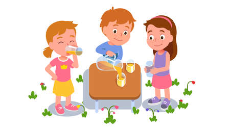 Boy sharing lemonade or juice with girlsのイラスト素材