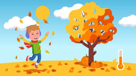 Boy kid jumping, throwing yellow leaves on autumnのイラスト素材