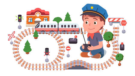 Boy playing with toy railway road, train locomotivのイラスト素材