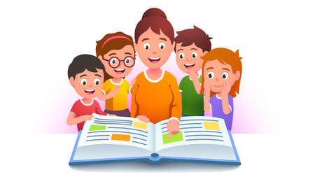Teacher woman teaching kids class at schoolのイラスト素材
