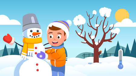 Boy kid making cute snowman on sunny winter dayのイラスト素材