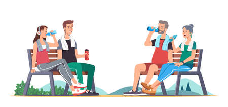 Elderly and young hydrating after training setのイラスト素材