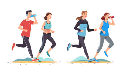 Young man, woman couples jogging drinking waterのイラスト素材