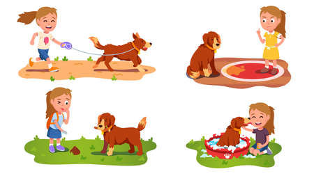 Child caring, raising, training labrador dogのイラスト素材