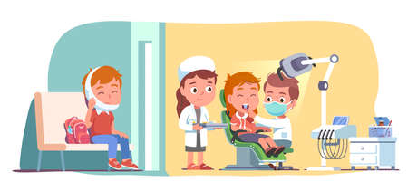 Patients kids visiting dentist in dental clinicのイラスト素材