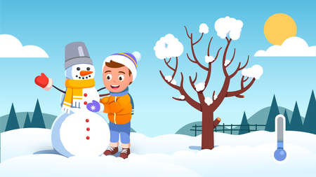 Boy kid making snowman on sunny weather winter dayのイラスト素材