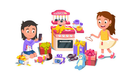 Kids unwrapping holiday Christmas presentsのイラスト素材