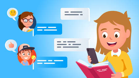 Kids chatting online reading book, doing homeworkのイラスト素材