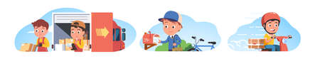 Delivery workers, delivering pizza, mail, packagesのイラスト素材