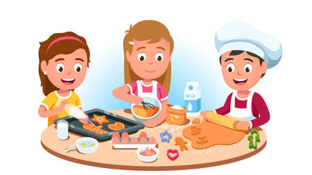Three kids baking cookies mixing flour, eggs, milkのイラスト素材