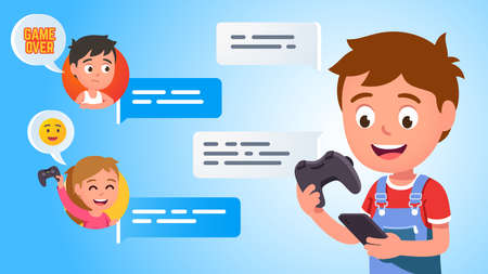 Kids chatting online sending message playing gamesのイラスト素材