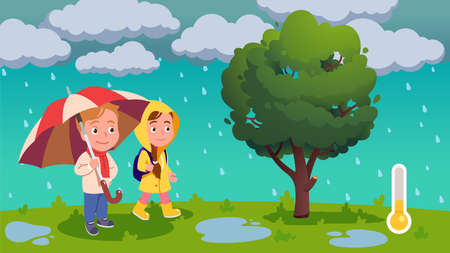 Kids wearing raincoat under umbrella on rainy dayのイラスト素材