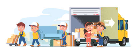 Moving service workers unloading truckのイラスト素材