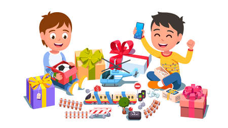 Kids unwrapping holiday presentsのイラスト素材