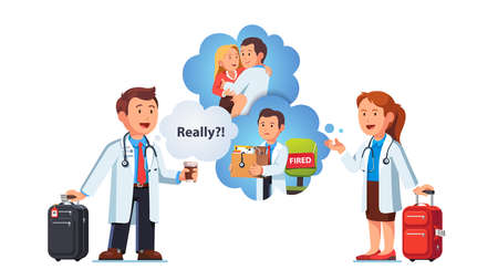 Doctor woman telling secrets to medical worker manのイラスト素材