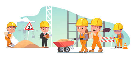 Constructor kid, builders people repairing roadのイラスト素材