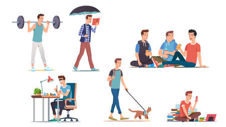 Young student guy lifestyle, hobbies setのイラスト素材