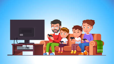 Family playing video game together sitting on sofaのイラスト素材