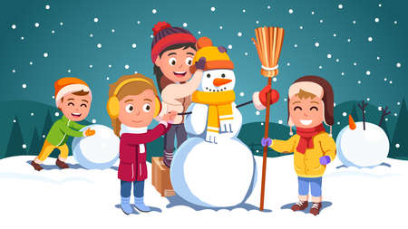 Kids friends team building snowman togetherのイラスト素材