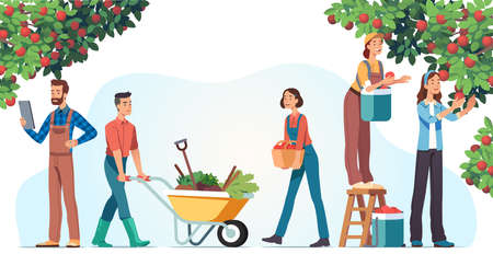 People garden workers carrying fresh fruitsのイラスト素材