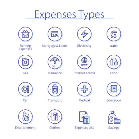 Expenses types set. Water, insurance, gas, foodのイラスト素材
