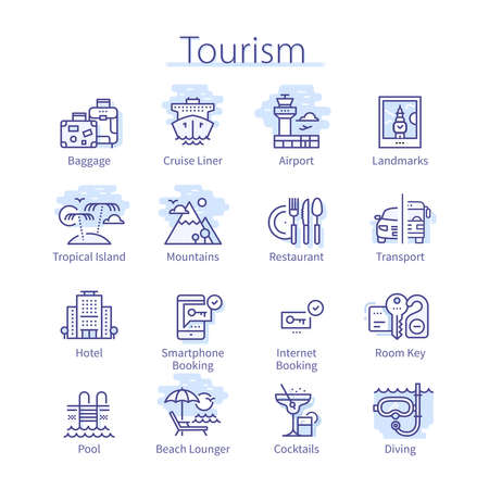 Tourism icons set. Hotel, restaurant, airport packのイラスト素材