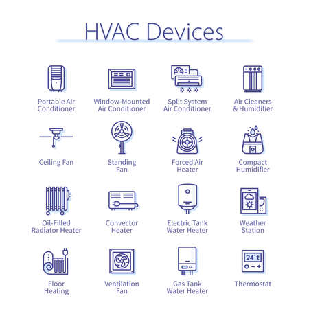HVAC devices set. Air humidifier, conditioner, fanのイラスト素材