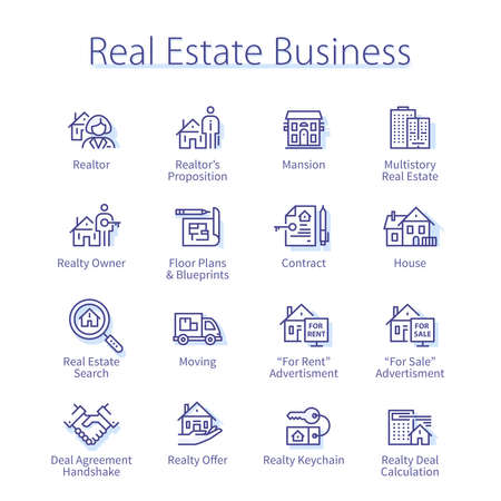Real estate business set, realtor person, buildingのイラスト素材