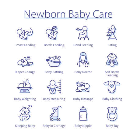 Newborn babies care, infant, diaper, doctor, toysのイラスト素材