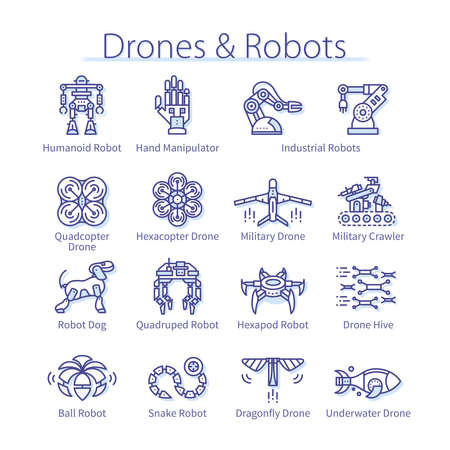 Modern drones and robots science electronic modelsのイラスト素材