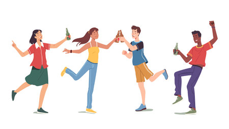 Happy men, women friends dancing, having partyのイラスト素材