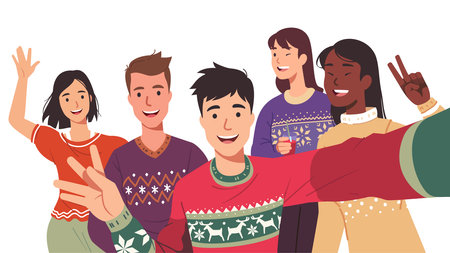 Happy friends posing taking selfie group photoのイラスト素材