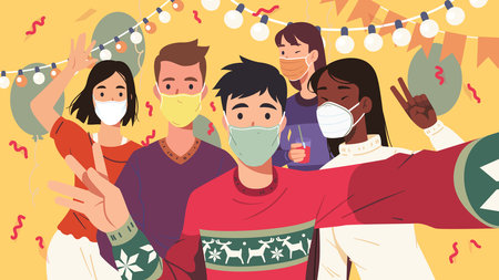 People with protective mask taking selfie at partyのイラスト素材