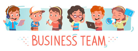 Business project team people. Customer service call center operator, repairman engineer, designer and illustrator, accountant, programmer, media marketing coach manager. Vector employee characters setのイラスト素材