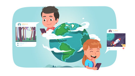 Global worldwide communication concept. Boy, girl kids use mobile cell phones surfing, posting, commenting on social network. Children persons communicate online, earth globe. Flat vector illustrationのイラスト素材