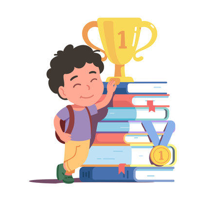 Genius boy kid standing next to big stack of books amd textbooks he read with gold cup throphy and first place medal. Proud happy smiling schoolboy student reader child charater vector illustrationのイラスト素材