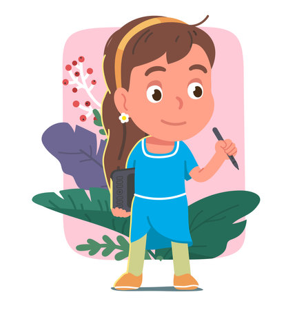 Painter woman holding drawing tablet and stylus. Designer girl child person cartoon character with graphics tablet digital device. Creative artist profession job occupation flat vector illustrationのイラスト素材