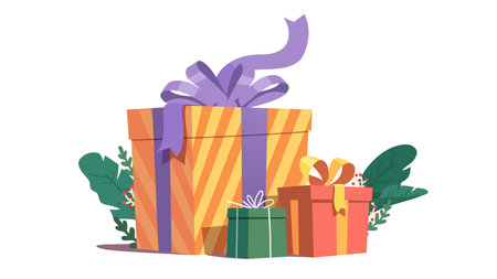 Gift boxes with ribbon bows for event celebration. Cute cartoon holiday party presents in festive cardboard packages. Birthday surprise decoration concept flat style vector isolated illustrationのイラスト素材