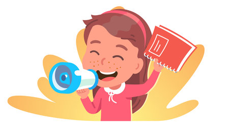 Marketing manager woman person shouting into megaphone. Journalist girl kid character holding loudspeaker, notebook. Business promotion speech, announcement, advertisement flat vector illustrationのイラスト素材